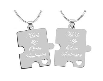 Puzzle Piece Necklace Set, Couples Necklace, Silver Puzzle Piece Necklace, His & Hers Necklace, Custom Engraved Necklace, Valentine's Day