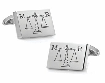 Engraved Silver Lawyer Cufflinks - Scales of Justice Cuff Links - Personalized Cufflinks - Gift For Lawyers Attorneys - Buy 6 Get 7th Free