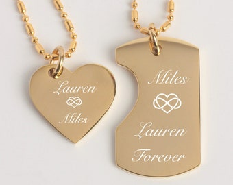 Mini Gold Dog Tag & Heart Necklace Set, Couples Jewelry, 2 Custom Engraved Necklaces, Personalized Necklace, His And Her's Necklace Set