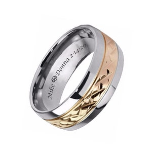 Rose Gold & Silver Personalized Titanium Ring Custom Engraved Ring Promise Ring Two Tone Ring Wedding Band For Men 8mm Ring Comfort Fit