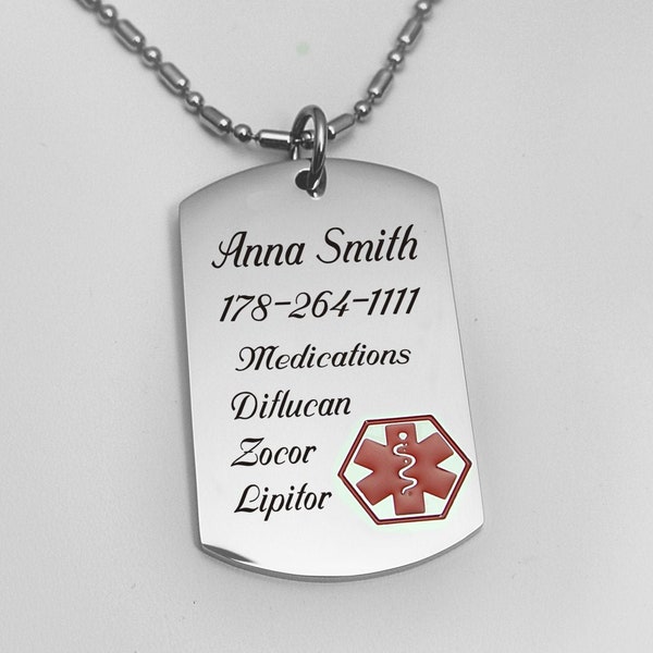 Medical Alert Necklace, Personalized Medical ID Stainless Steel Pendant With Necklace Custom Engraved Free, Medical Alert Jewelry, Medic Tag