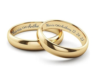 Engraved Gold Ring Set Gold Tungsten Ring Personalized Tungsten Wedding Band Friendship Promise Ring Couple Ring Set His Hers Comfort Fit