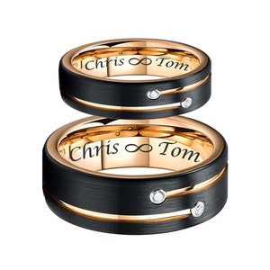 Matte Black & Gold Ring Set Personalized Couples Ring Set Two Tone Ring Set Engraved Ring Custom Wedding Band Promise Ring His and Hers Ring