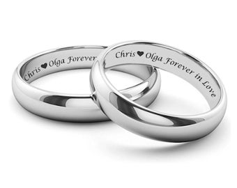 Engraved Rings Silver Tungsten Ring Set Personalized Wedding Band Polished Tungsten Band Couple Ring Set His Hers Silver Band Comfort Fit