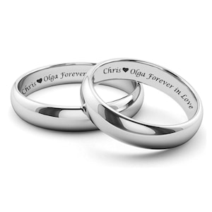 Engraved Rings Silver Tungsten Ring Set Personalized Wedding Band Polished Tungsten Band Couple Ring Set His Hers Silver Band Comfort Fit