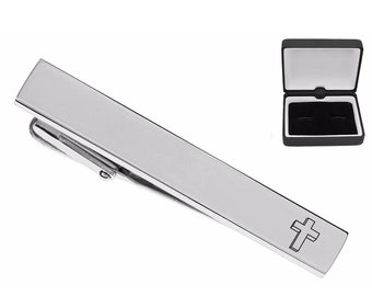 Engraved Cross Tie Clip - Personalized Silver Tie Clip - Religious Gifts - Custom Engraved Tie Clip - Wedding Gifts - Buy 6 Get 7th Free