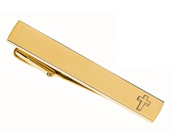 Engraved Gold Cross Tie Clip - Personalized Gold Tie Clip - Religious Gifts - Custom Engraved Tie Clip - Buy 6 Get 7th Free