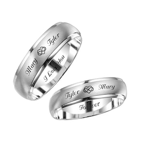 Engraved Silver Ring Set Personalized Rings His and Hers Couples Ring Set Promise Ring Wedding Band Custom Two Tone Silver Ring Comfort Fit