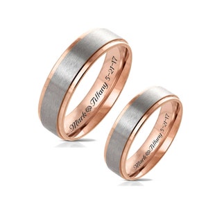 Silver & Rose Gold Two Tone Ring Set Custom Engraved Ring Promise Ring Personalized Ring Stepped Edge Ring His Hers Couples Ring Comfort Fit