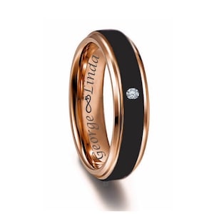 Tungsten Ring Black & Rose Gold Stepped Edge CZ Tungsten Band Custom Engraved Ring Promise Ring Wedding Band Two Tone Ring 5mm Comfort Fit
