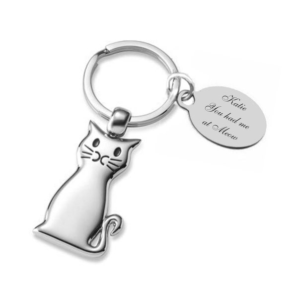 Personalized Silver Cat Keychain, Custom Engraved Cat Keychain, Cat Key Ring, Cat Lover Keychain, Kitty Cat Keychain, Pet Keychain