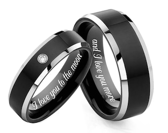 Engraved Ring Set Two Tone Black & Silver Ring Set Personalized Ring Custom Engraved Wedding Band Rings For Couples His Hers Comfort Fit