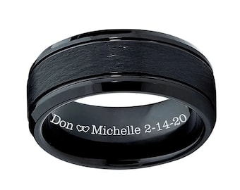 Engraved Tungsten Ring Textured Black Tungsten Ring Custom Engraved Ring For Men Black Wedding Band Men's Personalized Ring 8mm Comfort Fit