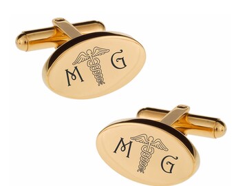 Engraved Caduceus Cufflinks - Gold Doctor Gift Buy 6 Get 7th Free