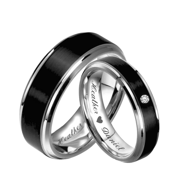 Engraved Rings Black & Silver Ring Set Custom Promise Ring Personalized Ring Custom Wedding Band His and Hers Couples Ring Set Comfort Fit