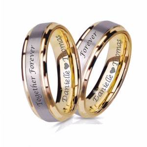 Engraved Ring Set Brushed Silver & Gold Rings Promise Ring Personalized Ring Wedding Band Custom Ring Couple Ring Set His and Hers Set