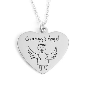 Custom Hand-drawn Silver Heart Necklace, Kids Handwriting Charm, Childrens Drawing for Mom, Engraved Handwritten Necklace, Mother&#39;s Day Gift