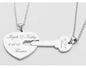 Couple's Jewelry, His And Her's Necklaces, Silver Heart & Key Necklace Set, Custom Engraved Necklace, Key To My Heart, Valentine's Day Gift