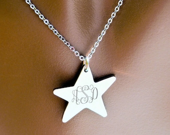 Personalized Star Necklace, Silver Star Necklace, Engraved Star Necklace, Silver Star Pendant, Monogrammed Star Necklace, Free Engraving