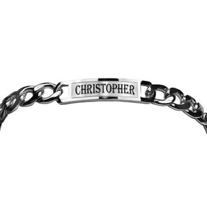 Personalized Silver High Polished with Brushed Inlay, Two Tone Bracelet, Stainless Steel Men&#39;s Bracelet, Silver Curb Bracelet,Engraved Free