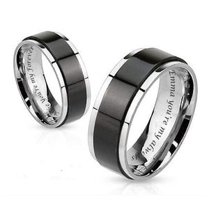 Personalized Ring Matte Black & Silver Ring Set Engraved Ring Stainless Steel Ring Custom Couples Ring Set Wedding Band For Men Promise Ring