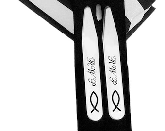 Jesus Fish Collar Stays, Personalized Stainless Steel Collar Stays Set Engraved Free, Ichthus Collar Stays, Buy 6 Get 7th Free