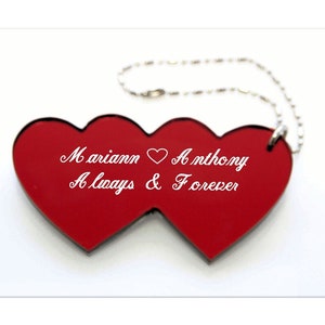 Acrylic Double Heart Keychain or Necklace, Engraved Heart Keychain, Personalized Heart Necklace, Custom Engraved Free