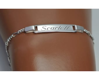 Pulsera de bebé de plata esterlina grabada, cadena Figaro, joyería de identificación personalizada, 5.5 pulgadas