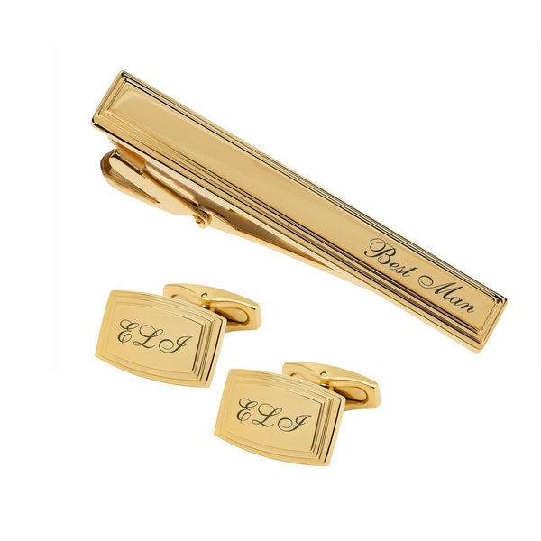 Personalized Cufflinks, Engraved Tie Clip, Gold Cufflinks, Gold Tie Clip, Cufflink & Tie Clip Set, Wedding Gifts, Buy 6 Get 7th Free