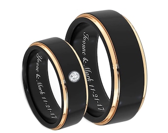 Engraved Ring Black & Rose Gold Ring Set Personalized Promise Ring Wedding Band His and Hers Ring Set Custom Ring For Couples Comfort Fit