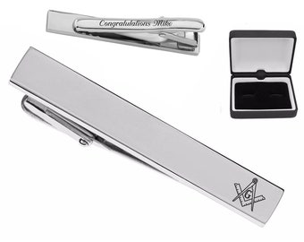 Engraved Mason Tie Clip - Freemason Tie Bar - Initials Inscribed - Personalized Silver Tie Clip - Gifts For Freemasons - Groomsmen Gifts
