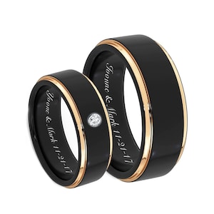 Engraved Ring Black & Rose Gold Ring Set Personalized Promise Ring Wedding Band His and Hers Ring Set Custom Ring For Couples Comfort Fit