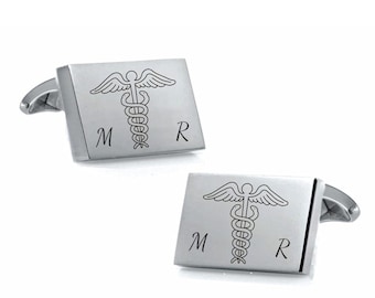 Engraved Caduceus Cufflinks – Medical Doctor Gift, Stainless Steel Buy 6 Get 7th Free