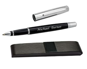 Engraved Black Enamel Roller Ball Pen, Silver Cap, Personalized Gift