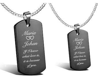 Black Dog Tag, Custom Dog Tag, Stainless Steel Black Dog Tag Necklace Set, Military Dog Tags, Couples Necklaces, His & Hers Necklace Set