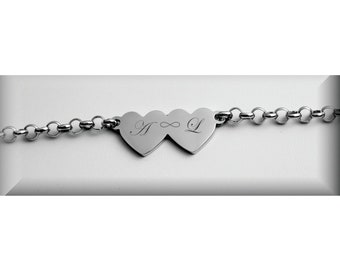 Personalized Bracelet, Silver Double Heart Bracelet, Custom Engraved Bracelet, Silver Heart Bracelet, Ladies Bracelet, Valentine's Day Gift