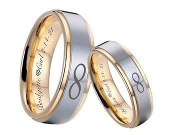 Engraved Tungsten Ring Silver & Gold Tungsten Band Couple Ring Set Personalized Rings Promise Ring Men's Wedding Band His and Hers Infinity