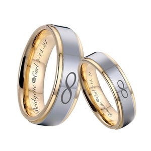 Engraved Tungsten Ring Silver & Gold Tungsten Band Couple Ring Set Personalized Rings Promise Ring Men's Wedding Band His and Hers Infinity