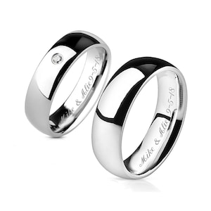 Engraved Silver Ring Set Personalized Ring Custom Engraved Ring Promise Ring Couple Ring Set His and Her's Ring Set Wedding Band Comfort Fit