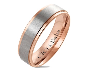 Engraved Ring, Rose Gold & Silver Two Tone Stainless Steel Band, 6mm Comfort Fit