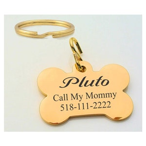 Personalized Gold Dog Bone Pet Tag, Dog Name Tag, Engraved Dog Tag, Brass Dog Tag, Pet Accessories, Dog Collar Tag Custom Engraved Free