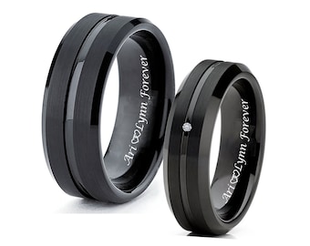 Engraved Rings Black Tungsten Ring Set Personalized Couple's Ring Set Tungsten Wedding Band Custom Promise Ring His and Hers Set Comfort Fit
