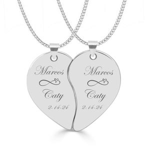 Personalized Broken Heart Necklace, Silver Broken Heart Necklace, Engraved Split Heart Necklace, His & Hers Necklace, Valentine&#39;s Day Gift