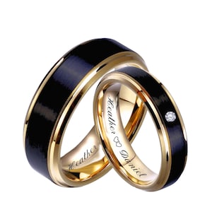 Engraved Rings Gunmetal & Gold Ring Set Couple Ring Set Personalized Promise Ring Custom Engraved Wedding Band His and Hers Ring Comfort Fit