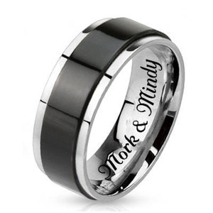 Engraved Spinner Ring Personalized Ring Promise Ring Black & Silver Fidget Ring Anxiety Spinner Ring Custom Engraved Ring Set Comfort Fit