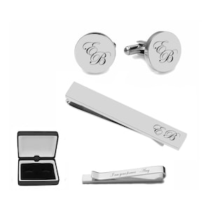Personalized Cufflinks Engraved Tie Bar Monogrammed Silver Circle Cuff Links & Tie Clip Set Groomsmen Gifts Wedding Gift Buy 6 Get 7th Free