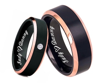 Engraved Black & Rose Gold Ring Set, Personalized Stainless Steel Couple Rings
