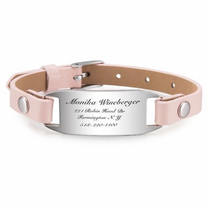 Pink ID Bracelet, Children's Leather & Stainless Steel ID Bracelet, Kids Medical Alert Bracelet, Engraved Bracelet, Personalized Bracelet