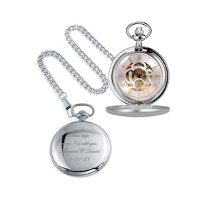 Engraved Pocket Watch, Personalized Pocket Watch, Skeleton Mechanical Hand-Wind Silver Antique Pocket Watch Custom Engraved, Groomsman Gift
