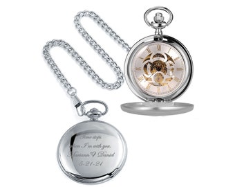 Engraved Pocket Watch, Personalized Pocket Watch, Skeleton Mechanical Hand-Wind Silver Antique Pocket Watch Custom Engraved, Groomsman Gift